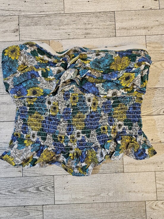 Japna Tops - Japna Floral Smocked Faux Wrap Cropped Blue White Strapless Tube Top Size XS